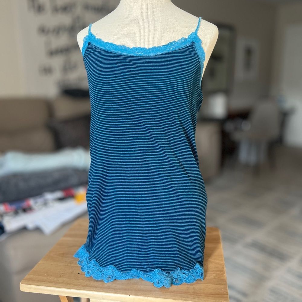 Y2K AEO Tank Top Women L Blue Stripes Lace Cami Tank Top Coquette Preppy